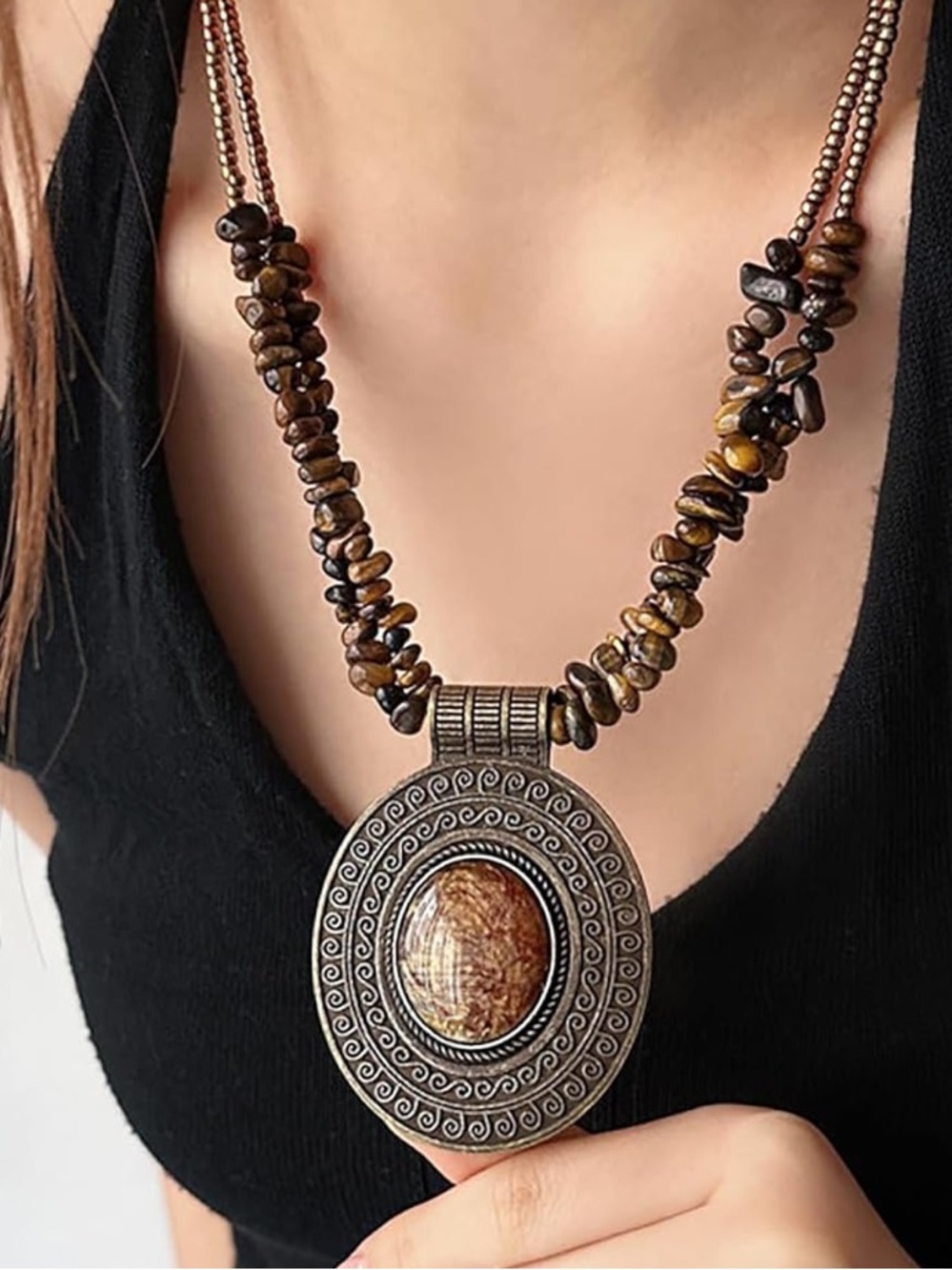 Anthropologie Brown Tiger Eye Disc Pendant Necklace - Picture 8 of 9